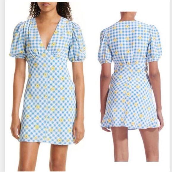 Staud Milla Blue Gingham Daisy Floral Print V-Neck Puff Sleeve Mini 12 NWT $218 - Picture 1 of 5